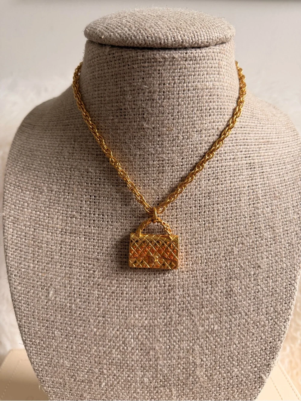 CHANEL Gold Quilted Handbag Charm Necklace